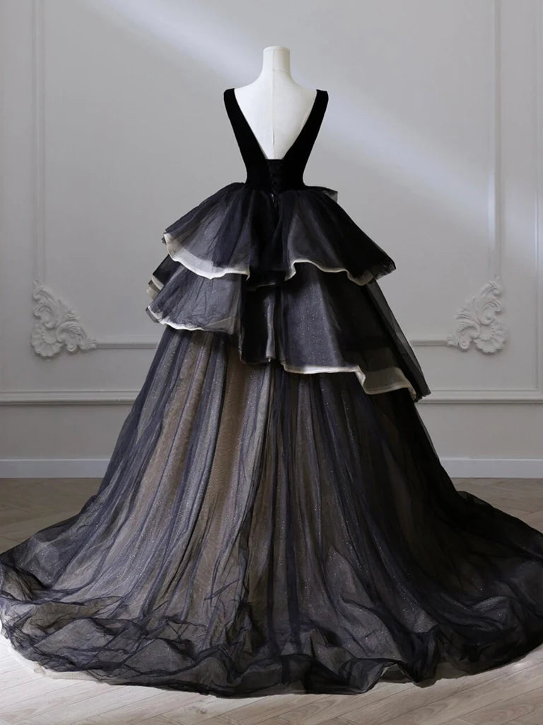 Black V Neck Tulle Velvet Long Prom Party Dresses